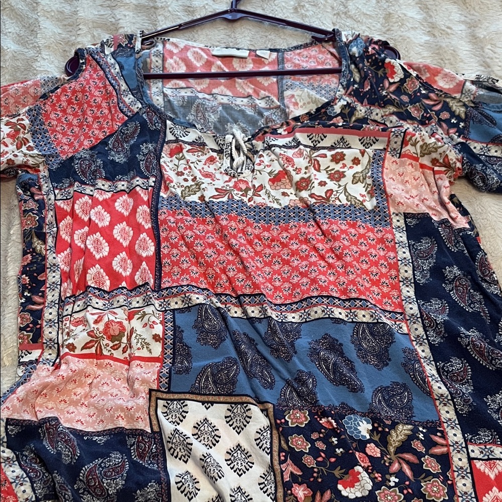 New York & Company Floral Patchwork Blouse - Blue, Pink, Cream